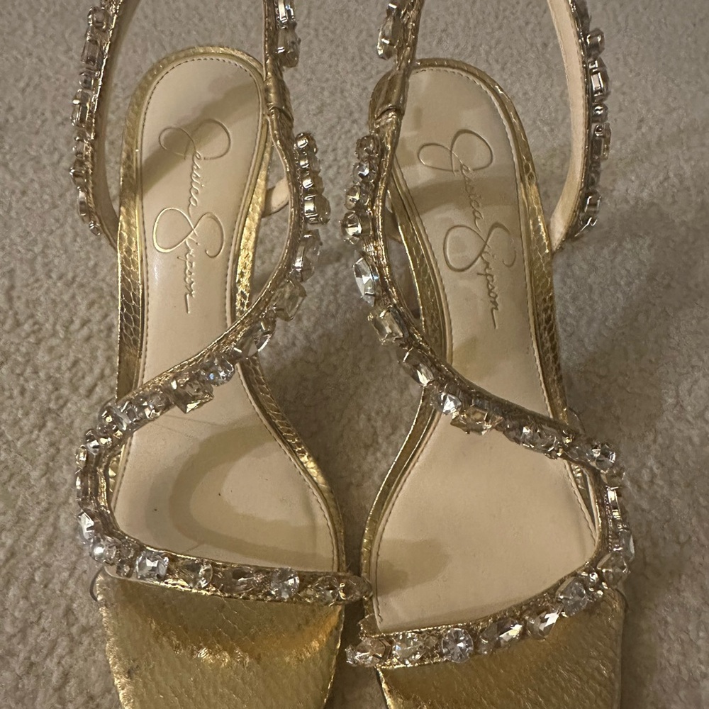 Jessica Simpson Gold Heels with Rhinestone Straps